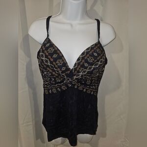 Miraclesuit Black Tankini Top with Gold Geometric Print